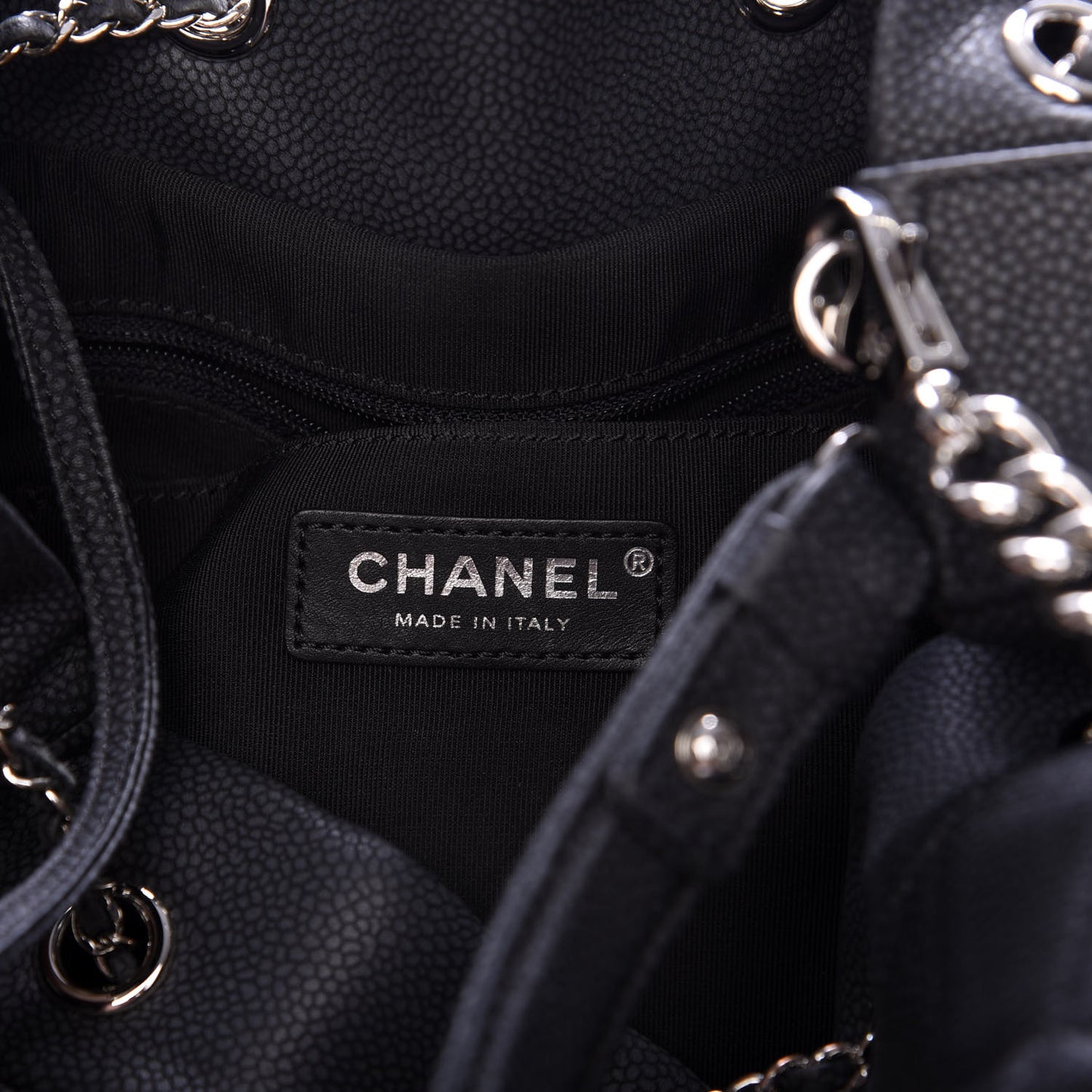 Grained Calfskin Quilted Medium CC Chain Bucket Drawstring Bag Black