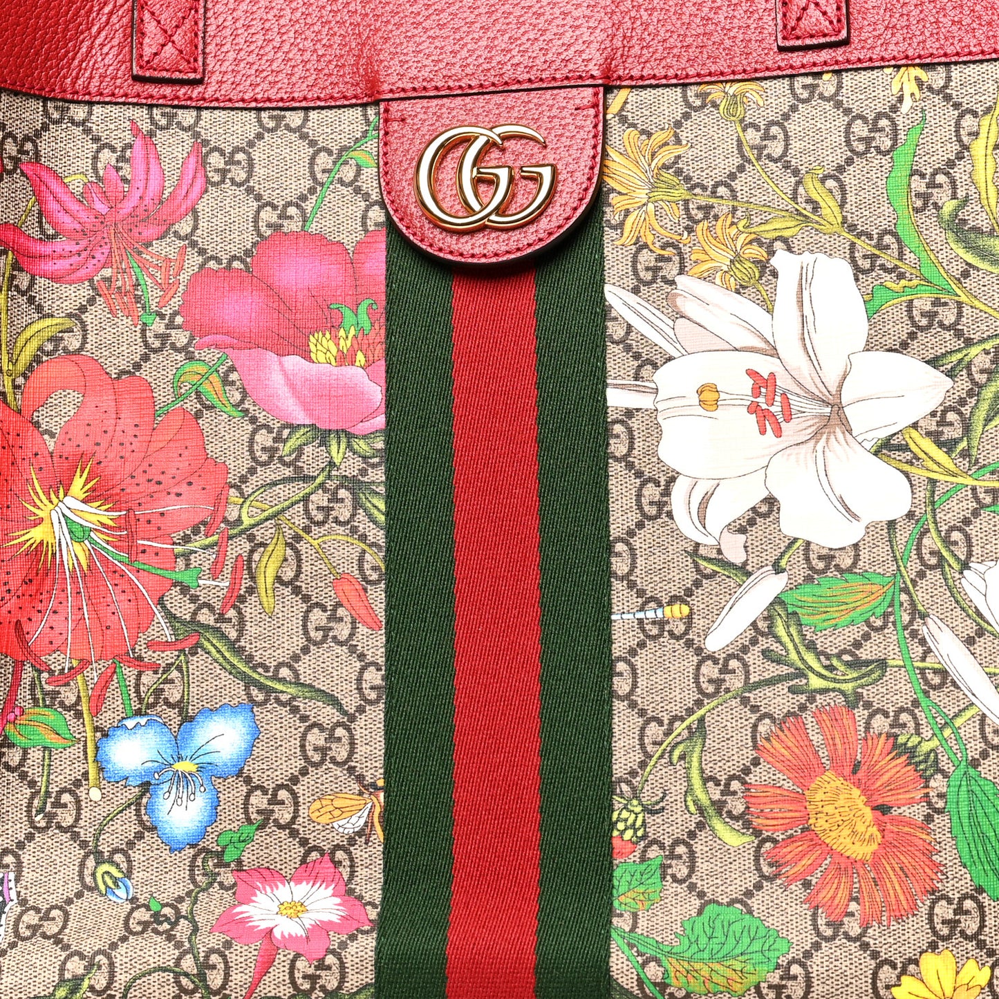 GG Supreme Monogram Flora Web Large Ophidia Tote Red