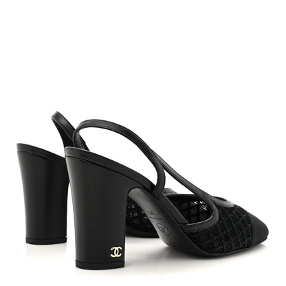 Chanel Fabric Embroidery Grosgrain Cap Toe CC Slingback Pumps 37 Black 5 of 8