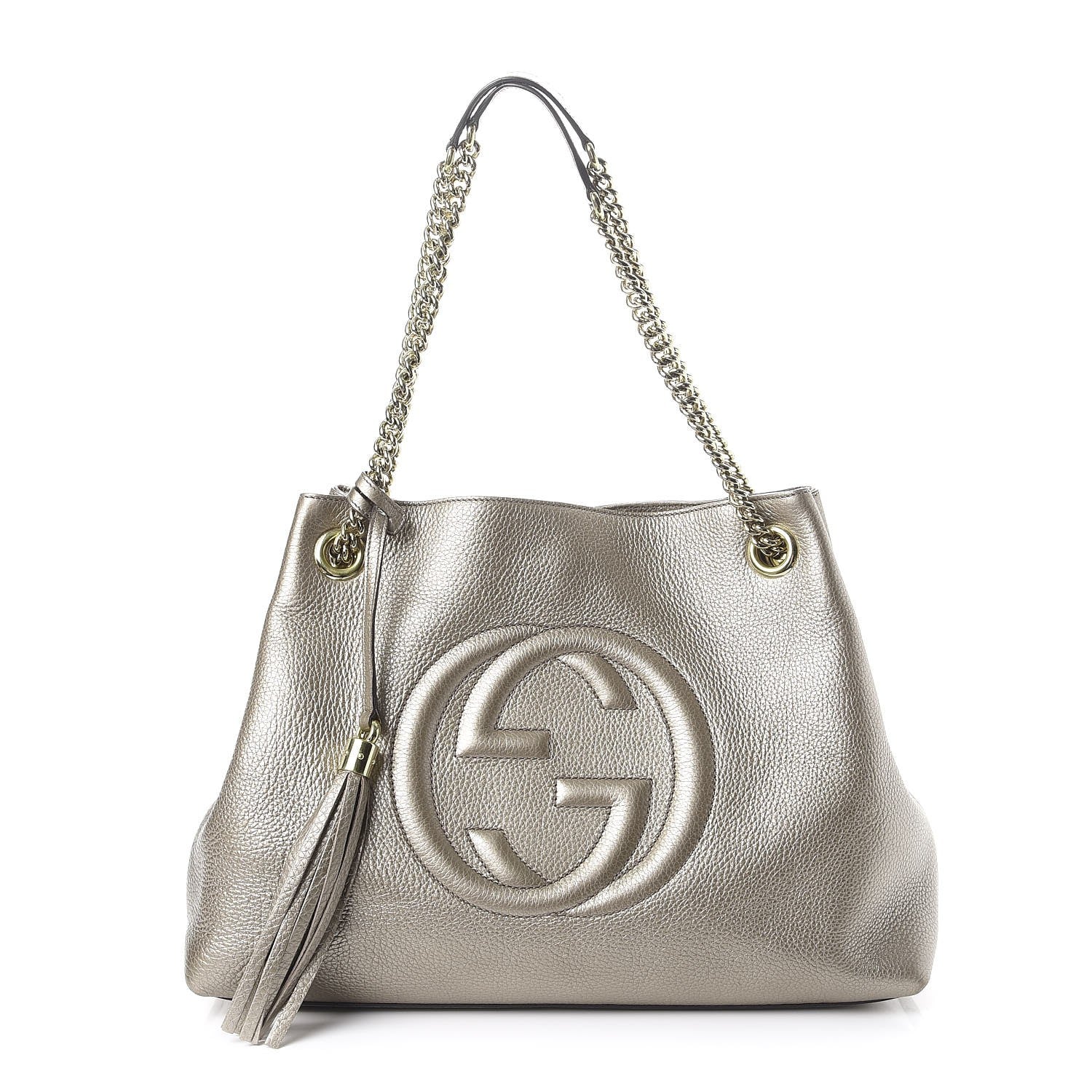Gucci Metallic Pebbled Calfskin Medium Soho Chain Shoulder Bag Golden Beige 1 of 9