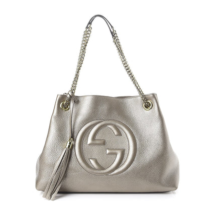 Gucci Metallic Pebbled Calfskin Medium Soho Chain Shoulder Bag Golden Beige 1 of 9