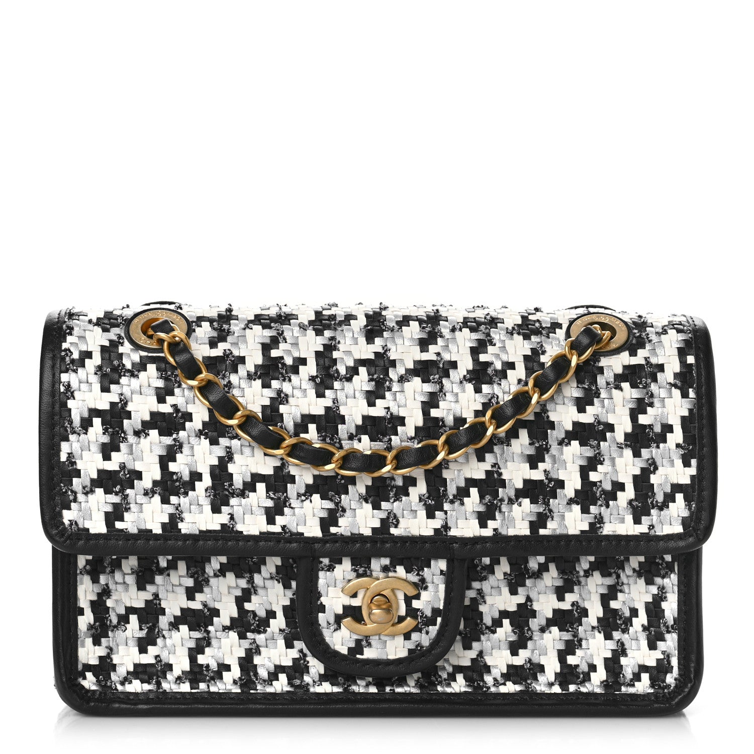 Chanel Metallic Lambskin Viscose Woven Flap Silver Black 1 of 9