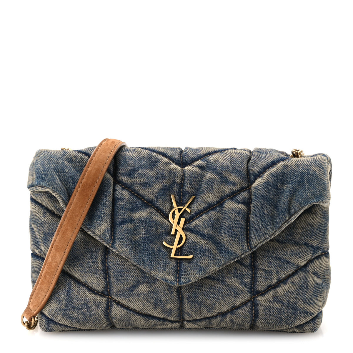 Denim Quilted Toy Loulou Puffer Monogram Chain Satchel Blue Cinnamon