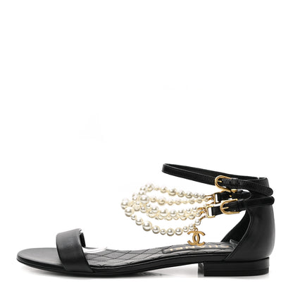 Chanel Lambskin Pearl Ankle Strap Sandals 37 Black 1 of 8