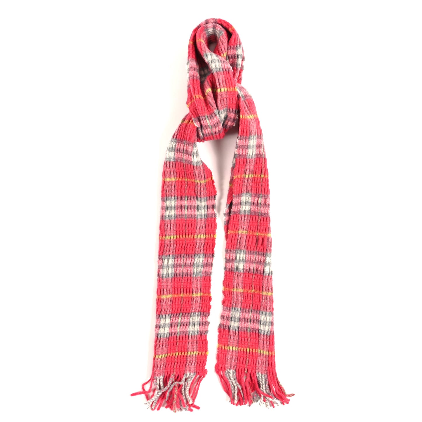Wool Cashmere Ruched Check Fringe Scarf Pink