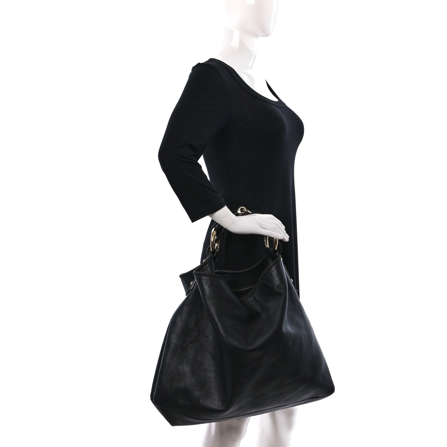 Calfskin Large Horsebit Chain Hobo Black