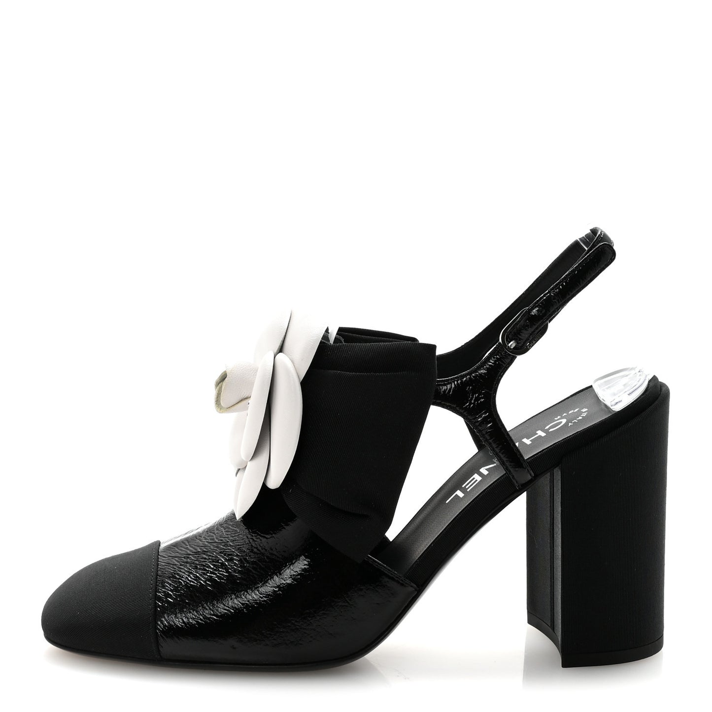 Crumpled Shiny Fabric Grosgrain Cap Toe Camellia Bow Slingback Pumps 39 Black