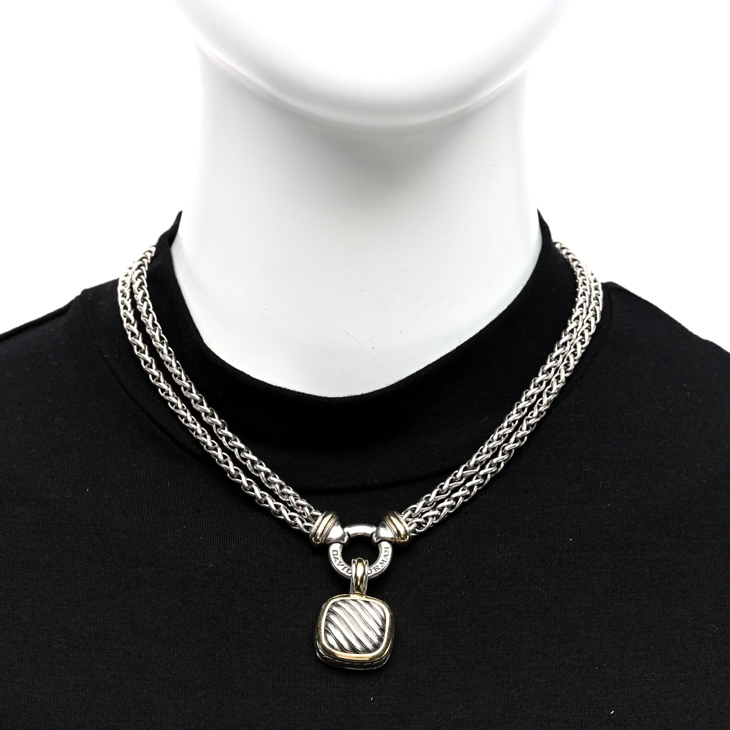 David Yurman Sterling Silver 18K Yellow Gold Sculpted Cable Pendant Double Wheat Chain Necklace 2 of 4