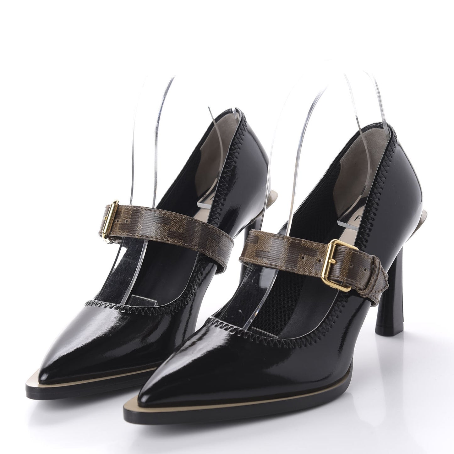 Glossy Neoprene Glazed Fabric FF FFrame Court Mary Jane Pumps 38.5 Black Tobacco Moro