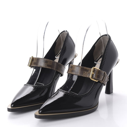 Fendi Glossy Neoprene Glazed Fabric FF FFrame Court Mary Jane Pumps 38.5 Black Tobacco Moro 3 of 8