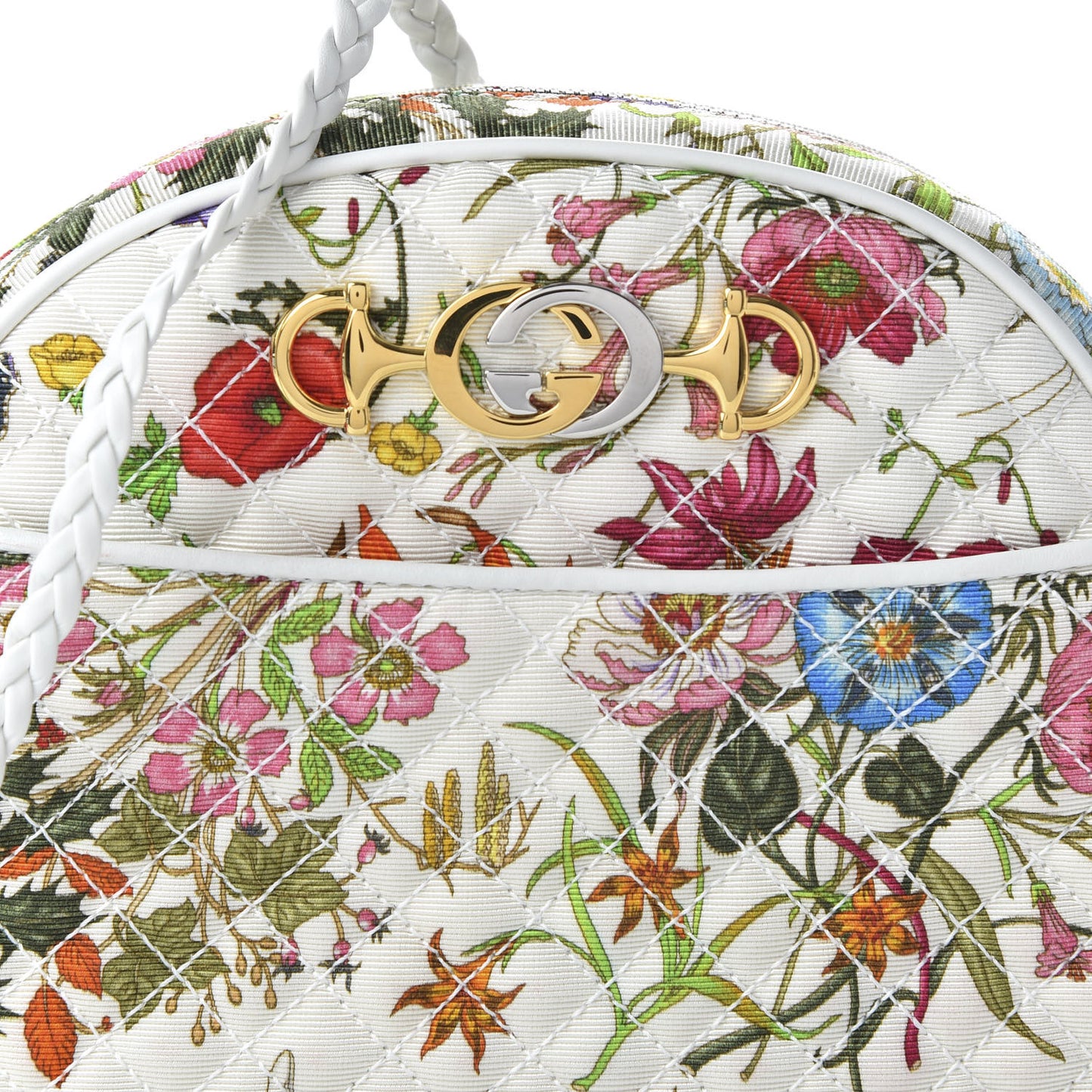 Canvas Flora Floral Trapuntata Small Zumi Dome Shoulder Bag White