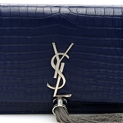 Saint Laurent Calfskin Crocodile Embossed Kate Monogram Tassel Chain Wallet Royal Blue 7 of 9
