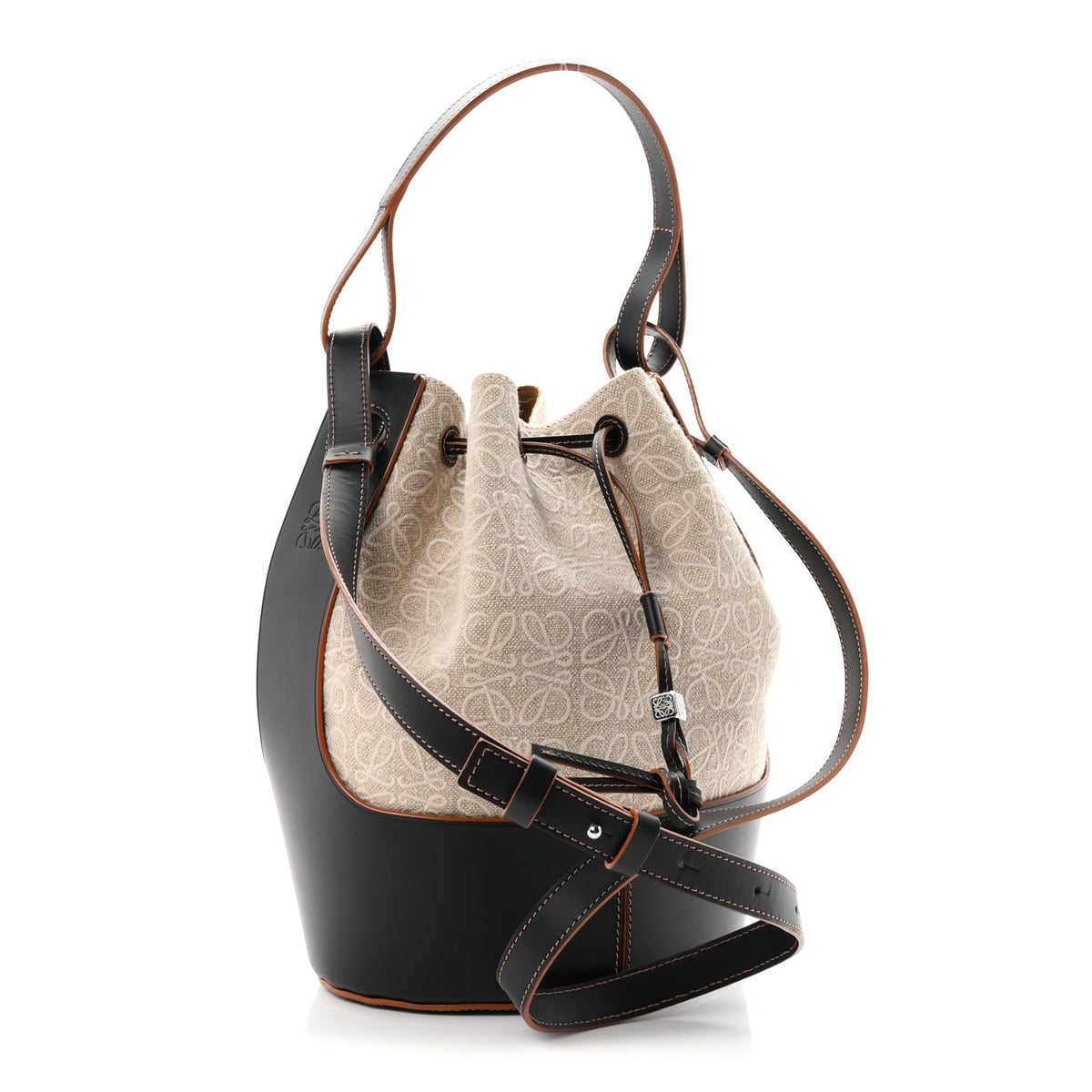 Loewe Calfskin Jacquard Linen Anagram Embroidered Balloon Bucket Bag Natural Black 3 of 9