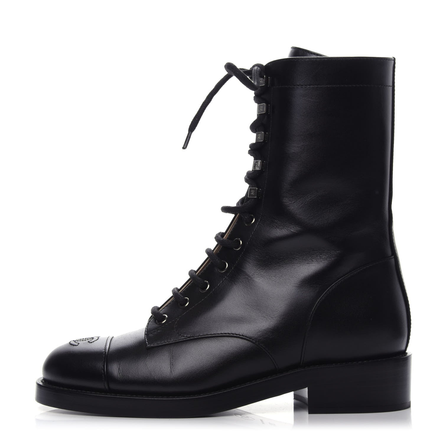Chanel Calfskin Lace Up Combat Boots 39.5 Black 1 of 7