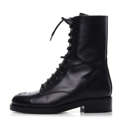 Chanel Calfskin Lace Up Combat Boots 39.5 Black 1 of 7