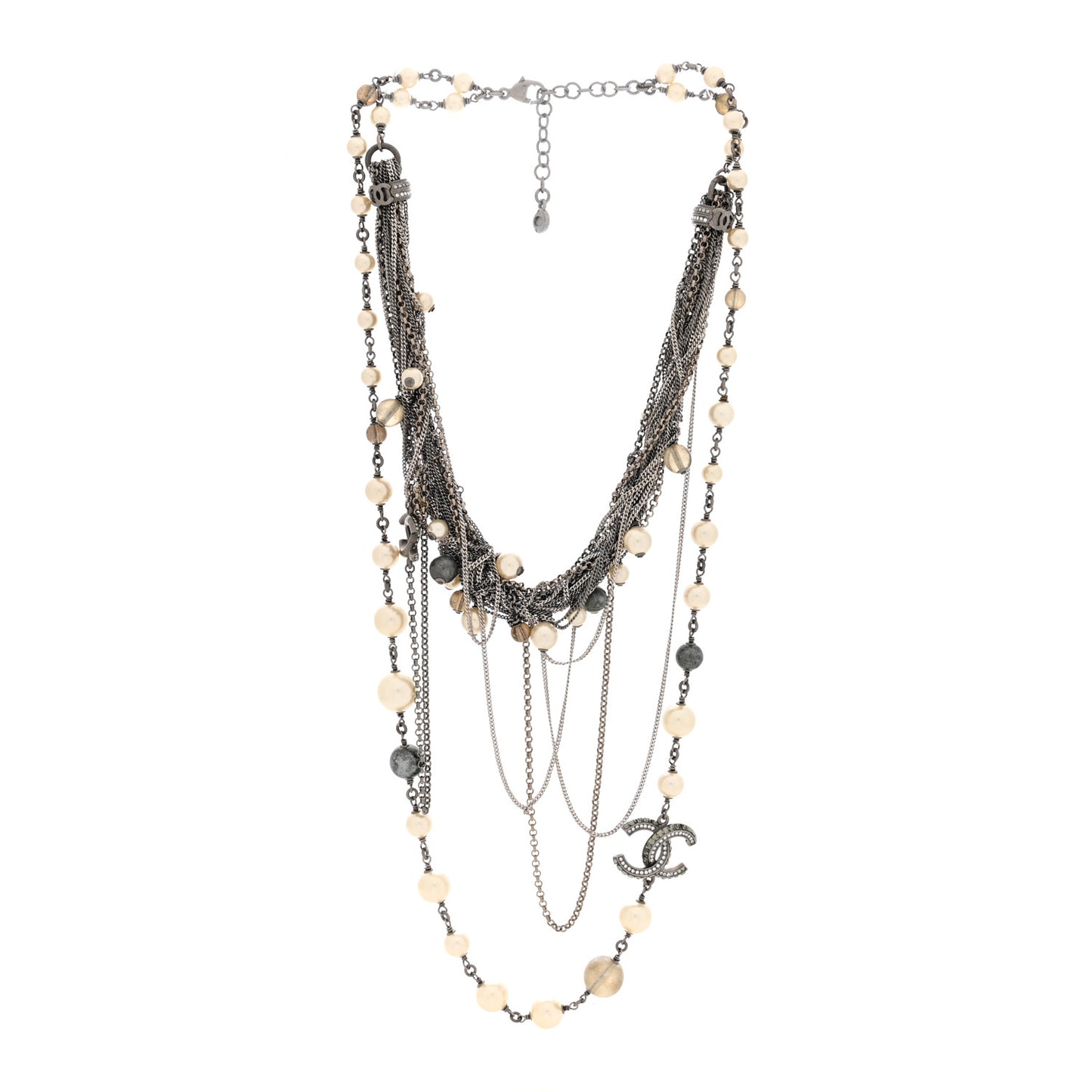 Pearl Beaded Crystal CC Multi Strand Necklace Ruthenium