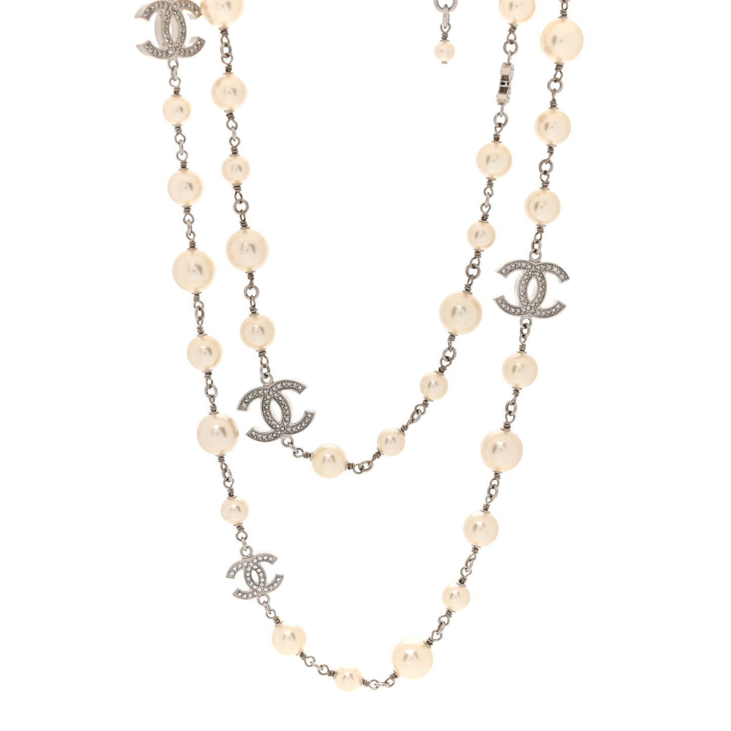 Graduated Pearl Crystal CC Long Necklace Silver