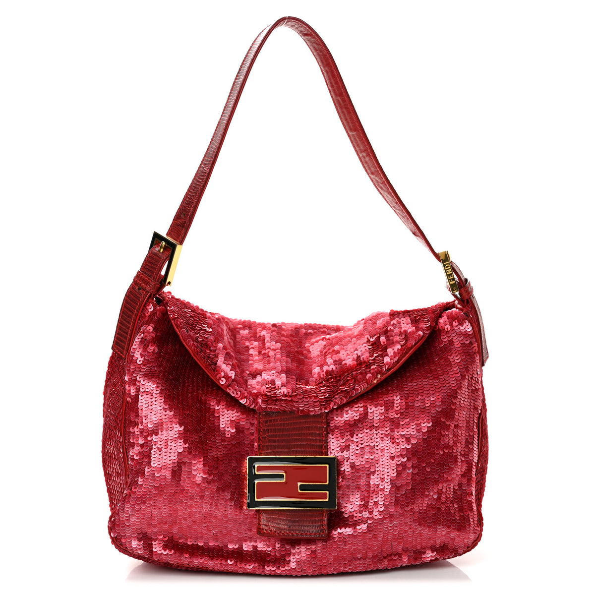 Fendi Sequin Lizard Enamel Baguette Red 1 of 14