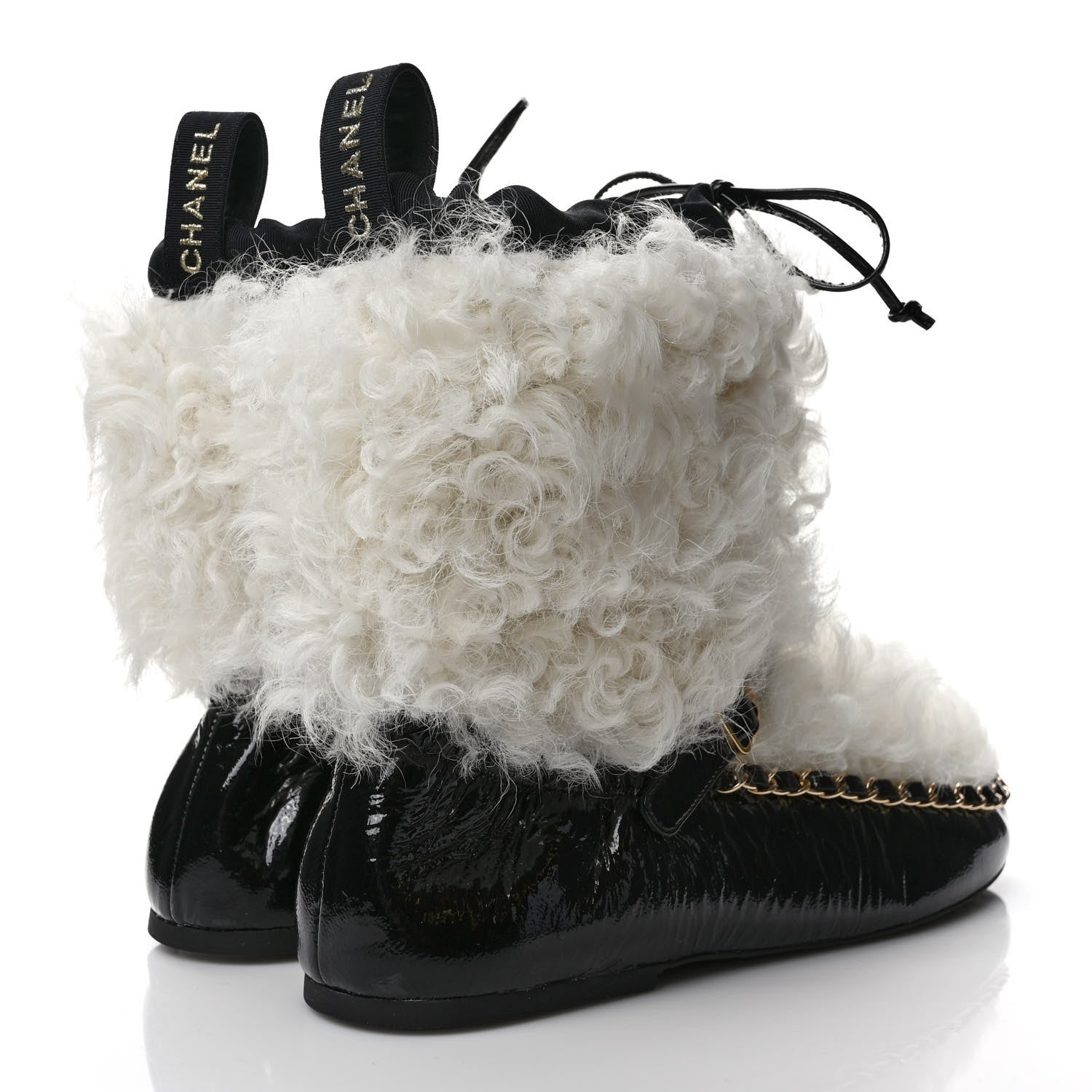 Chanel Patent Shearling Chain Boots 37.5 Black White 4 of 8