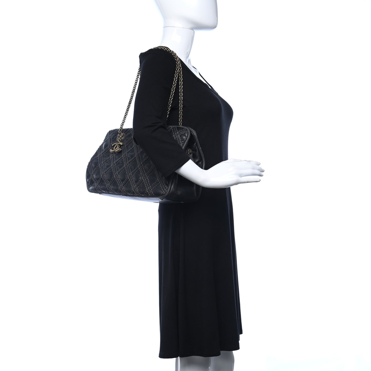 Calfskin Quilted Stitch Triptych Tote Black