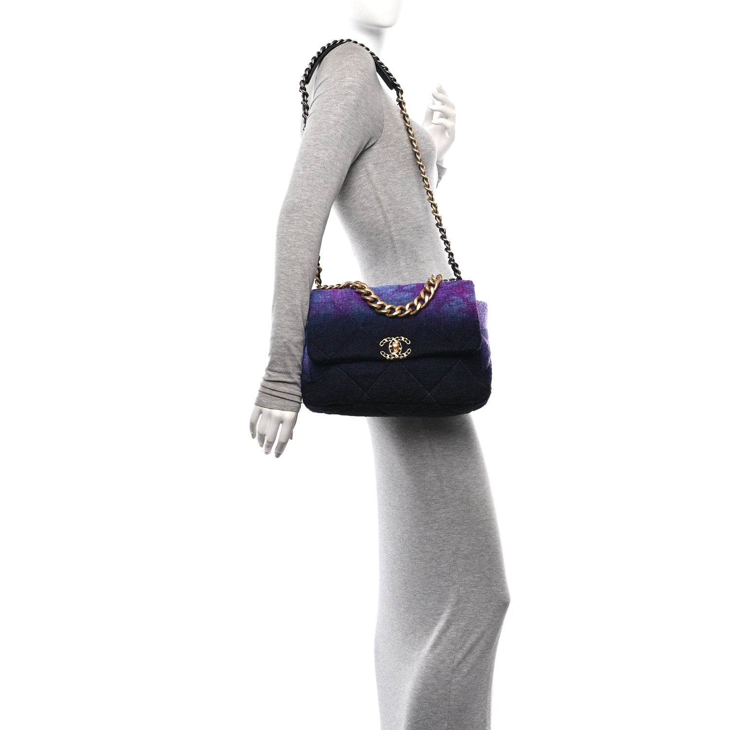 Chanel Wool Tweed Quilted Large Chanel 19 Flap Purple Black Blue 2 of 10