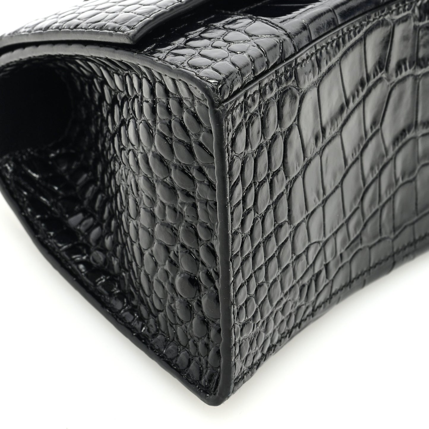 Shiny Calfskin Monochrome Crocodile Embossed Small Hourglass Top Handle Bag Black