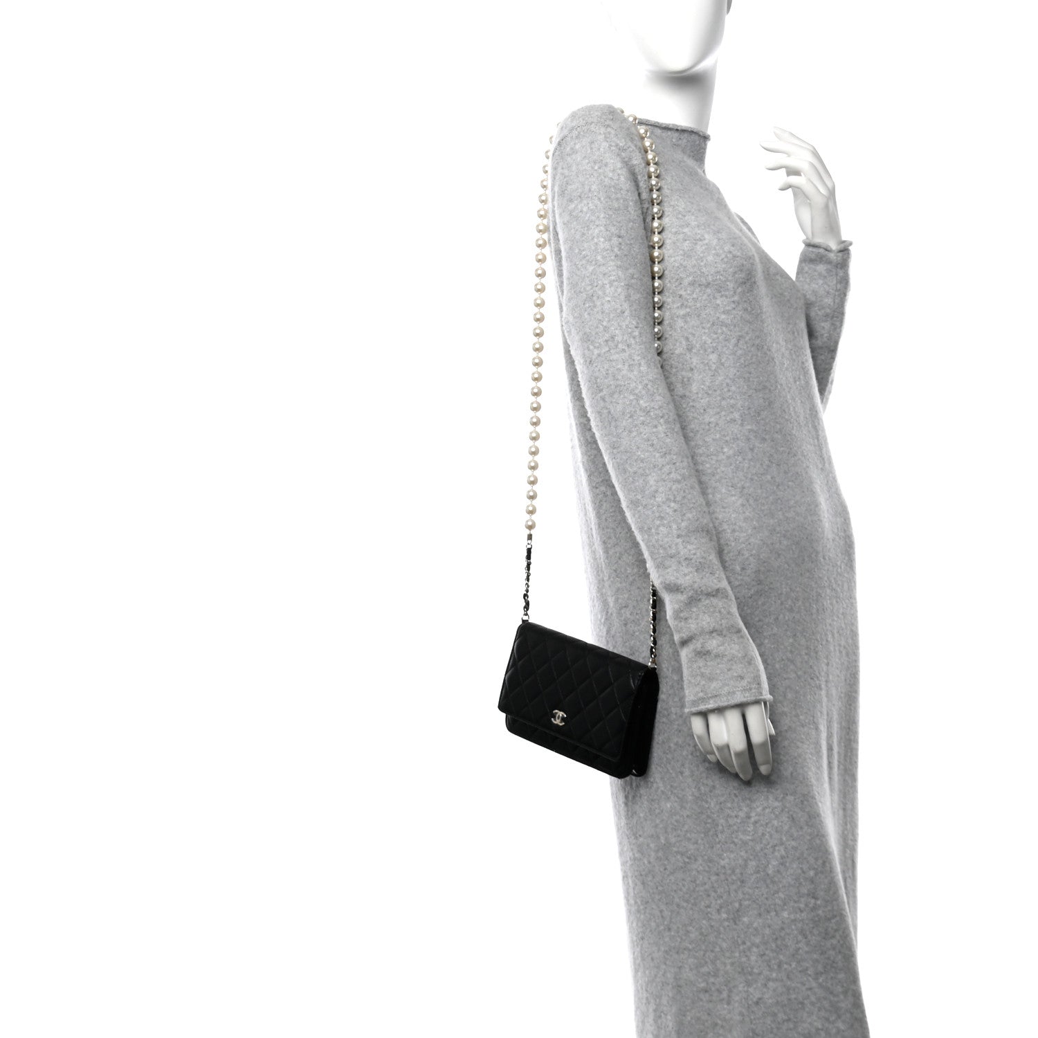 Chanel Lambskin Quilted Pearl Wallet On Chain WOC Black 2 of 11