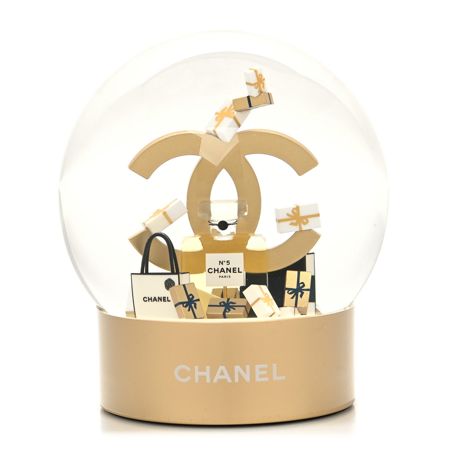 Glass CC Shopping Bag Snow Globe Gold