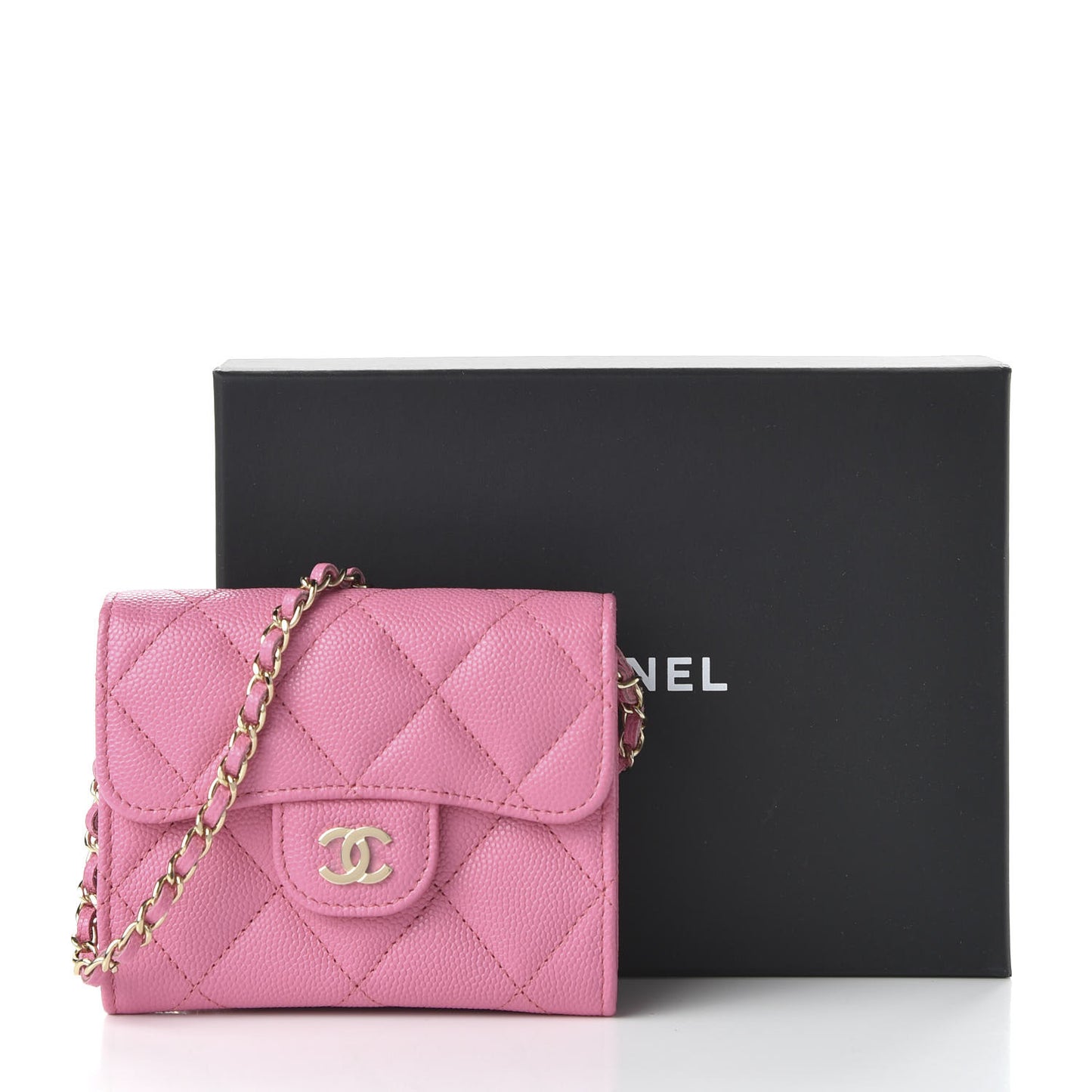 Caviar Quilted Flap Card Holder On Chain Pink