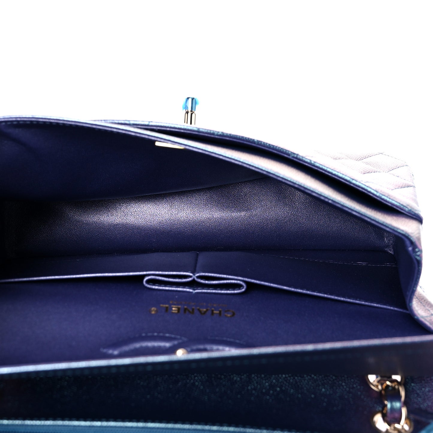 Iridescent Caviar Quilted Medium Double Flap Dark Blue