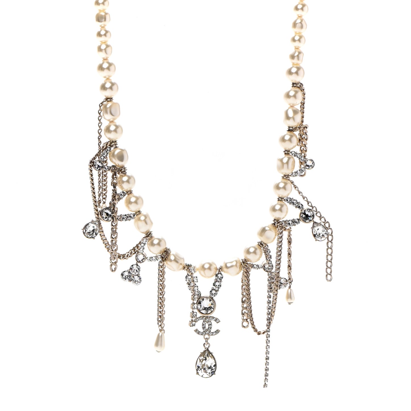 Pearl Crystal CC Dangle Short Necklace Gold
