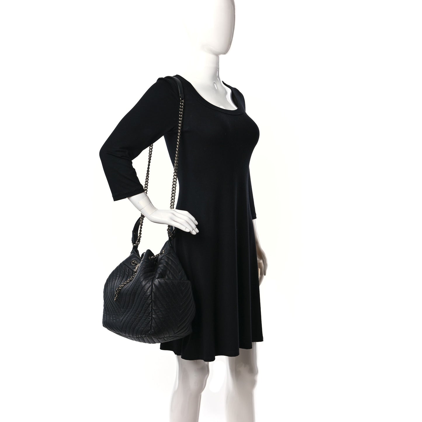 Deerskin Chevron Large CC Chain Bucket Drawstring Bag Black