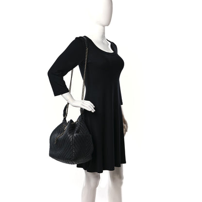 Chanel Deerskin Chevron Large CC Chain Bucket Drawstring Bag Black 2 of 9