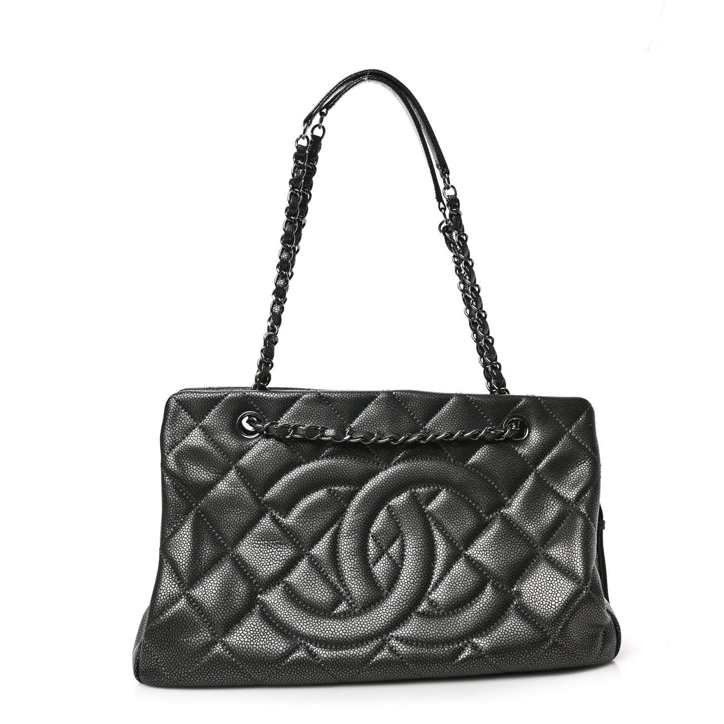 Metallic Caviar Quilted Timeless CC Shopping Tote Dark Grey
