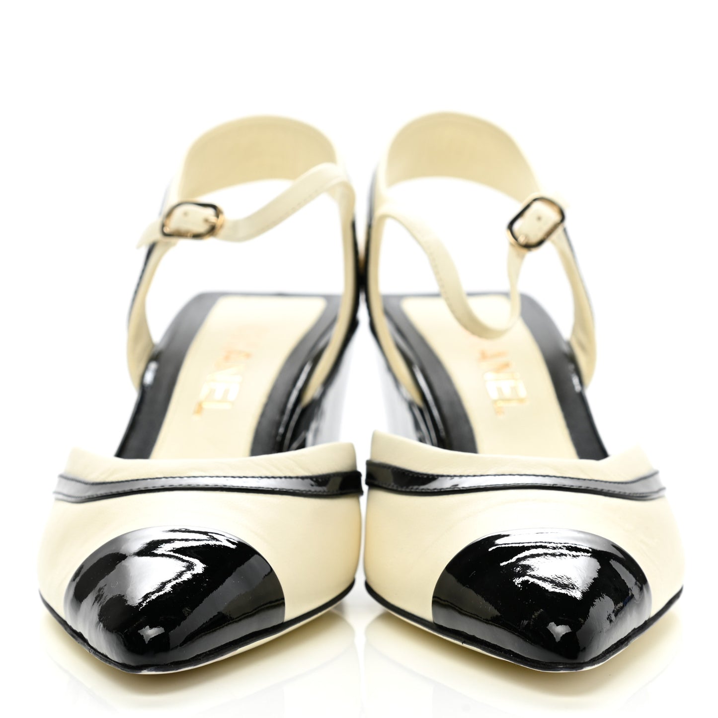 Lambskin Patent Cap Toe CC Slingback Sandals 38 Ivory Black