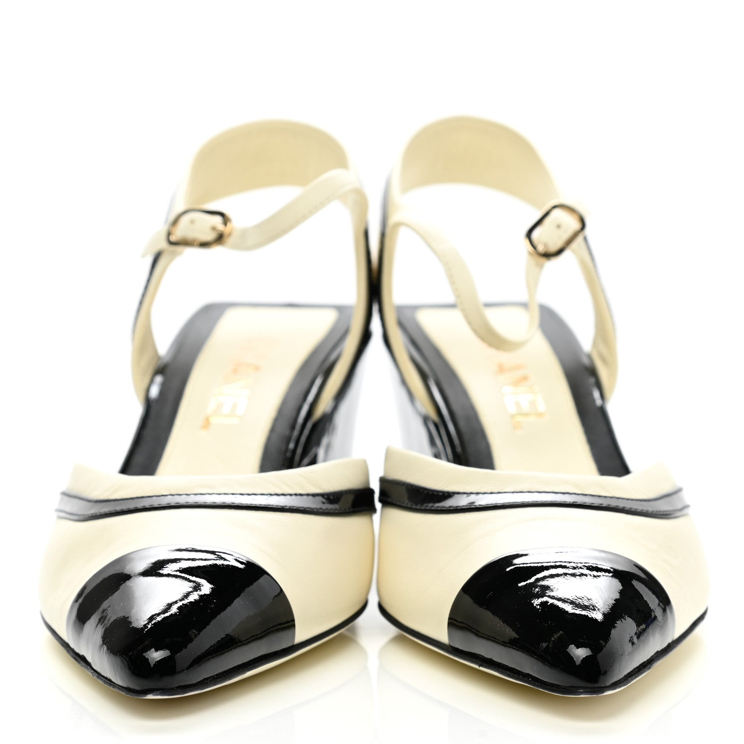 Chanel Lambskin Patent Cap Toe CC Slingback Sandals 38 Ivory Black 3 of 11