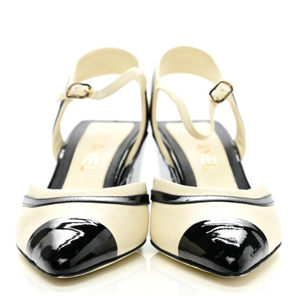 Chanel Lambskin Patent Cap Toe CC Slingback Sandals 38 Ivory Black 3 of 11