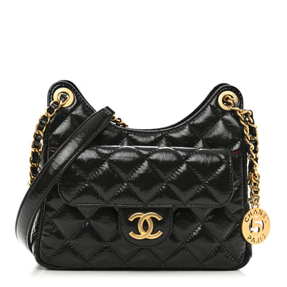 Chanel Shiny Crumpled Calfskin Quilted Small Wavy CC Hobo Black 1 of 11