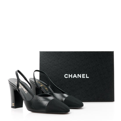 Chanel Lambskin Grosgrain Cap Toe CC Slingback Pumps 39 Black 9 of 9