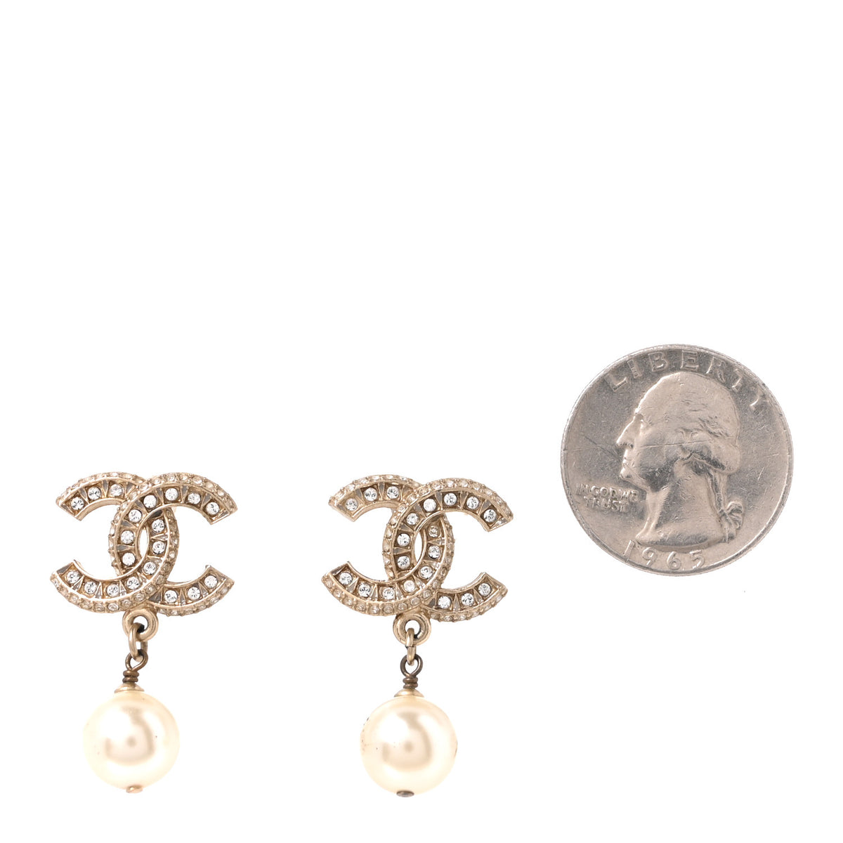 Chanel Crystal Pearl CC Drop Earrings Gold 2 of 5