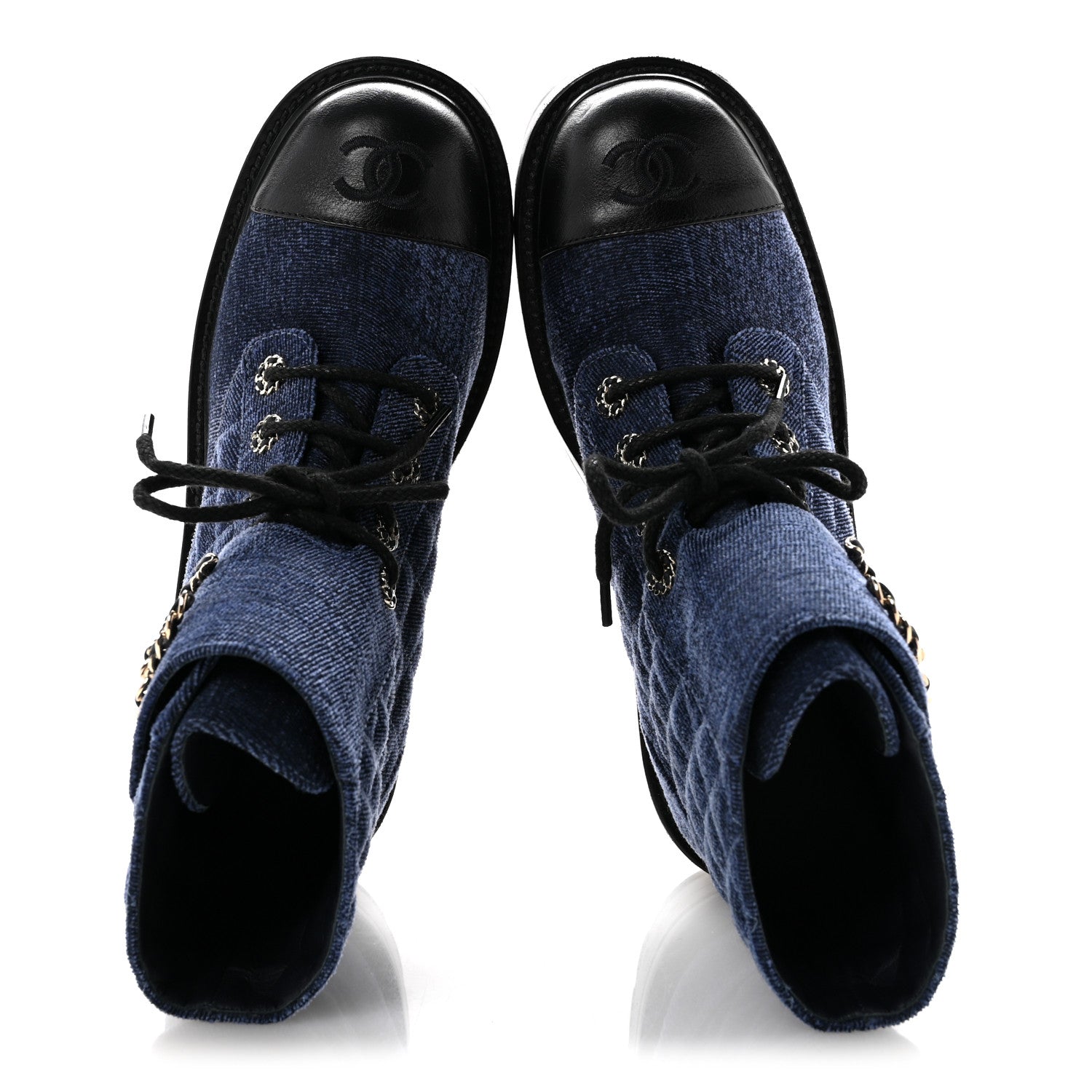 Chanel Shiny Calfskin Velvet Quilted Lace Up Combat Boots 39 Blue 2 of 10