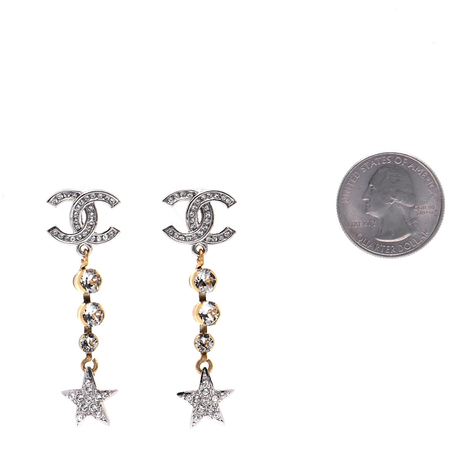Chanel Crystal Star Drop CC Earrings Silver Gold 2 of 6