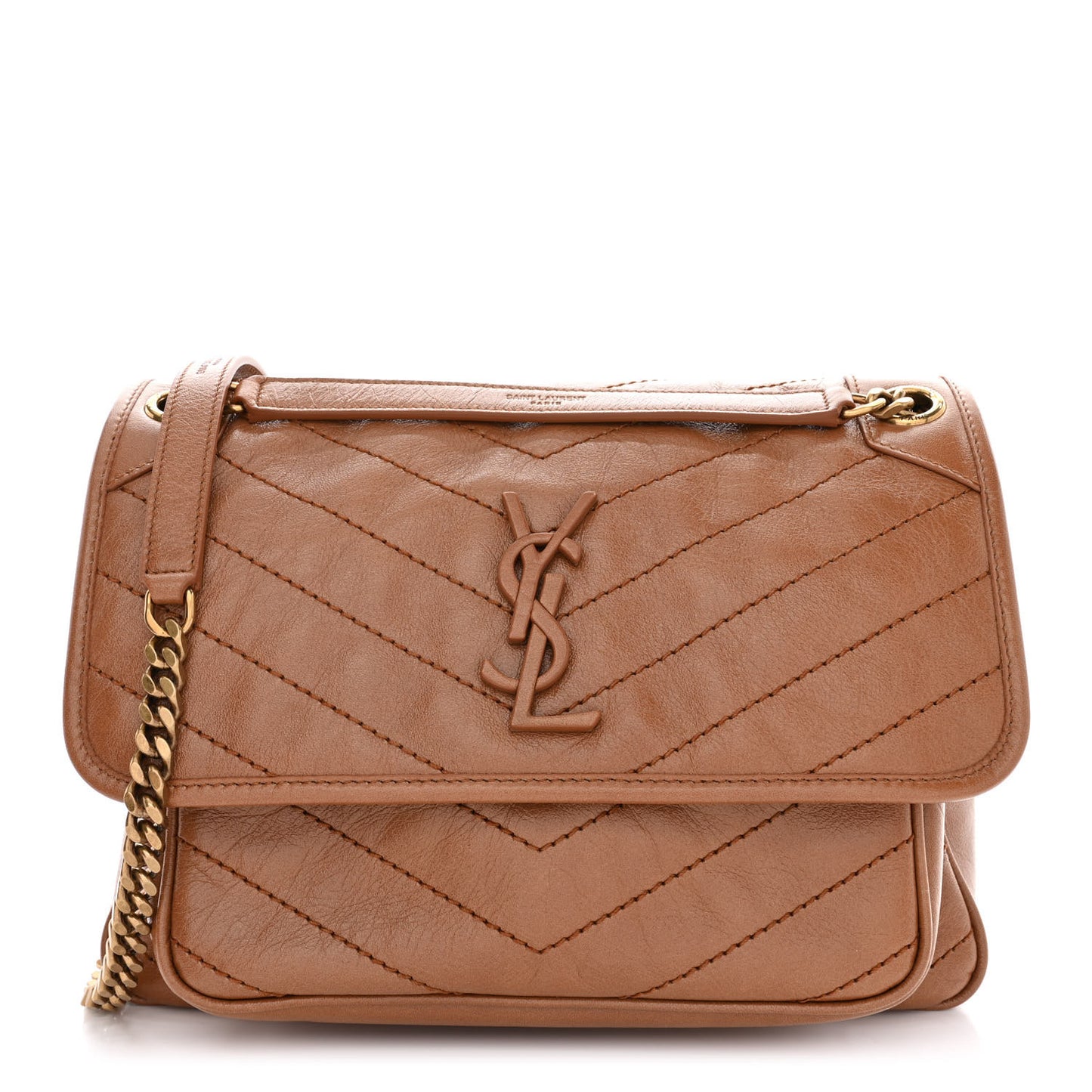 Crinkled Calfskin Matelasse Monogram Medium Niki Chain Satchel Caramel