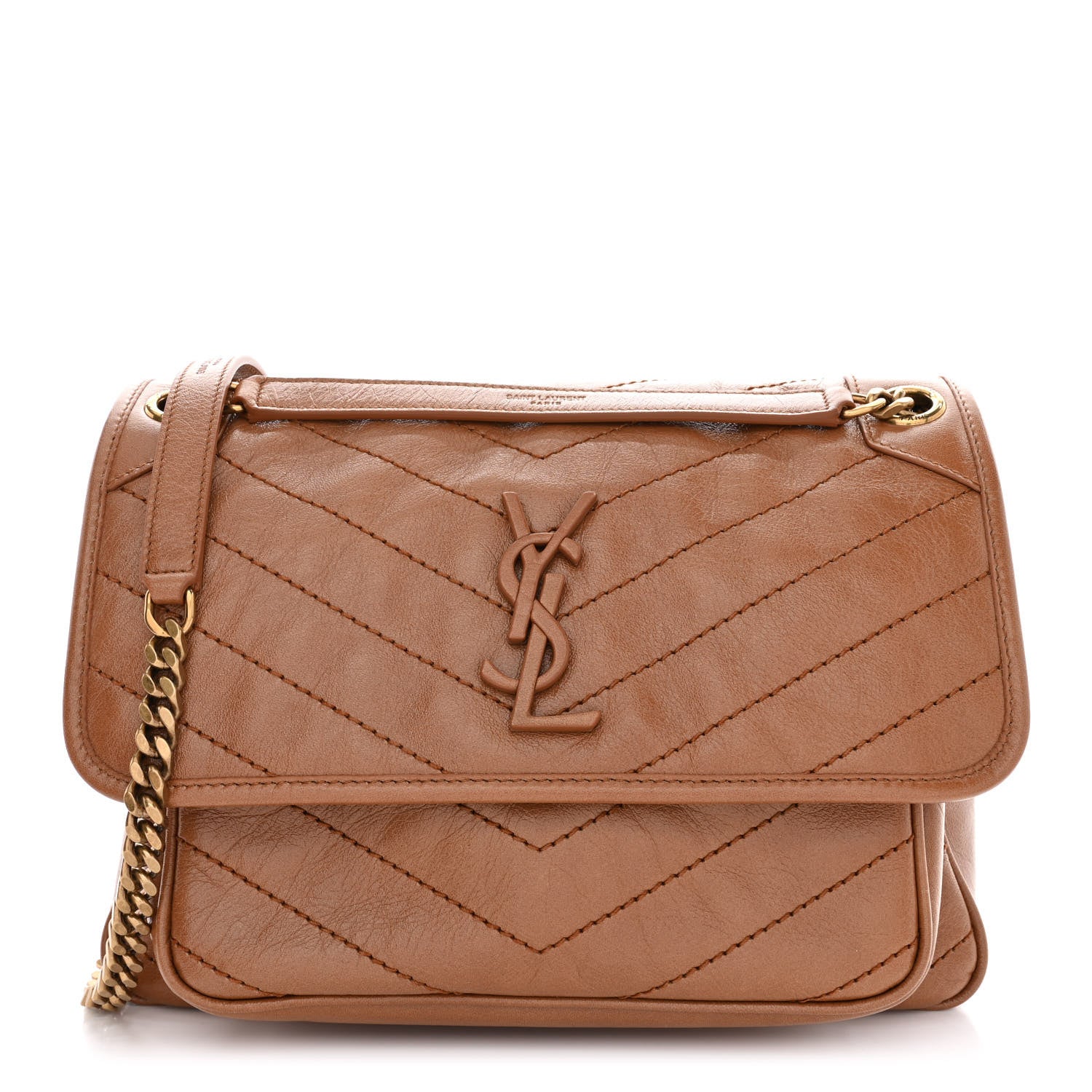 Saint Laurent Crinkled Calfskin Matelasse Monogram Medium Niki Chain Satchel Caramel 1 of 11