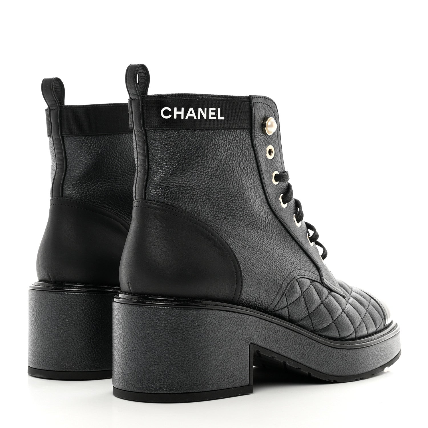 Chanel Pearly Calfskin Patent Calfskin Lace Up Combat Boots 38 Black 4 of 8
