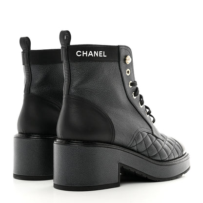 Chanel Pearly Calfskin Patent Calfskin Lace Up Combat Boots 38 Black 4 of 8