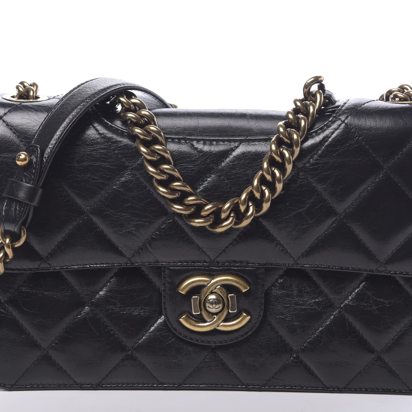 Glazed Calfskin Quilted Medium Perfect Edge Flap Black