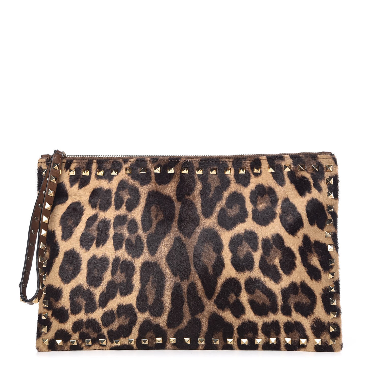 Calf Hair Leopard Print Rockstud Zip Wristlet Pouch Leopard