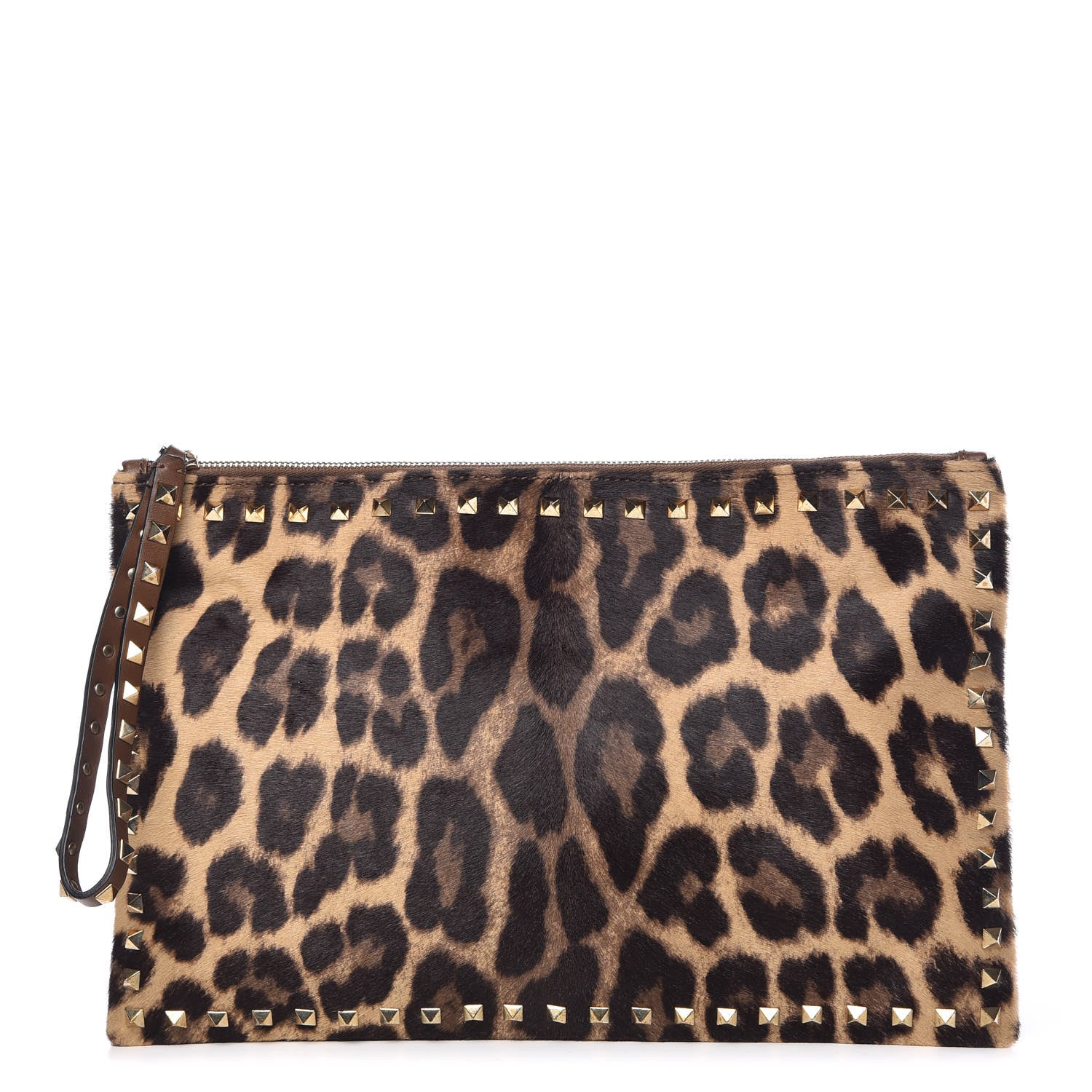 Valentino Garavani Calf Hair Leopard Print Rockstud Zip Wristlet Pouch Leopard 1 of 13