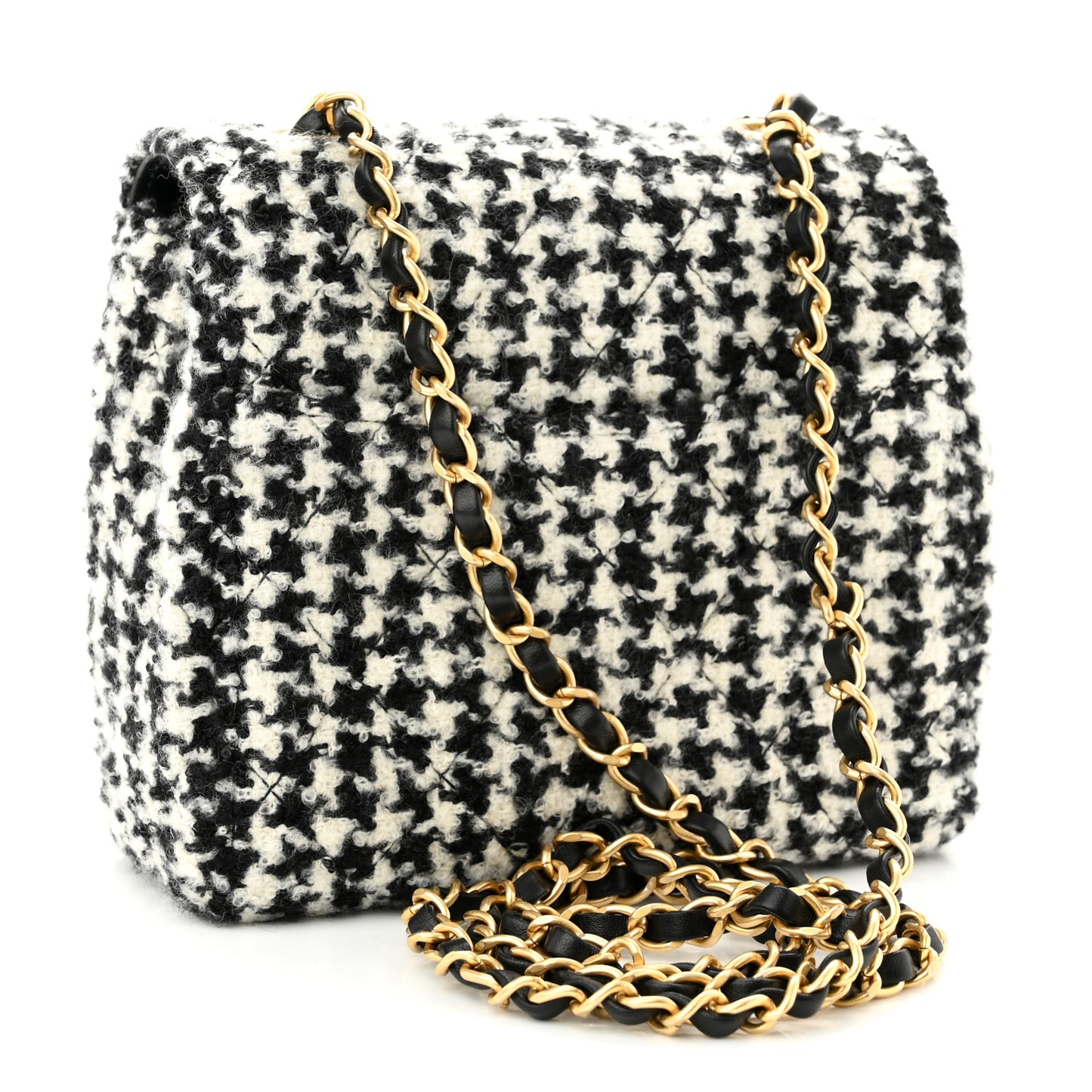 Tweed Houndstooth Mini Square Flap Black White